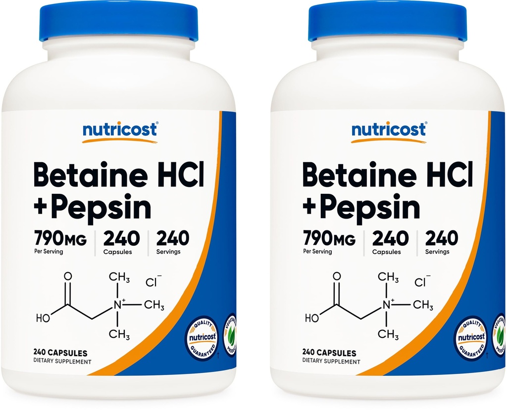 Nutricost Betaine HCl + Pepsin 790 mg, 240 kapsúl, 2 fľaše (480 kapsúl)