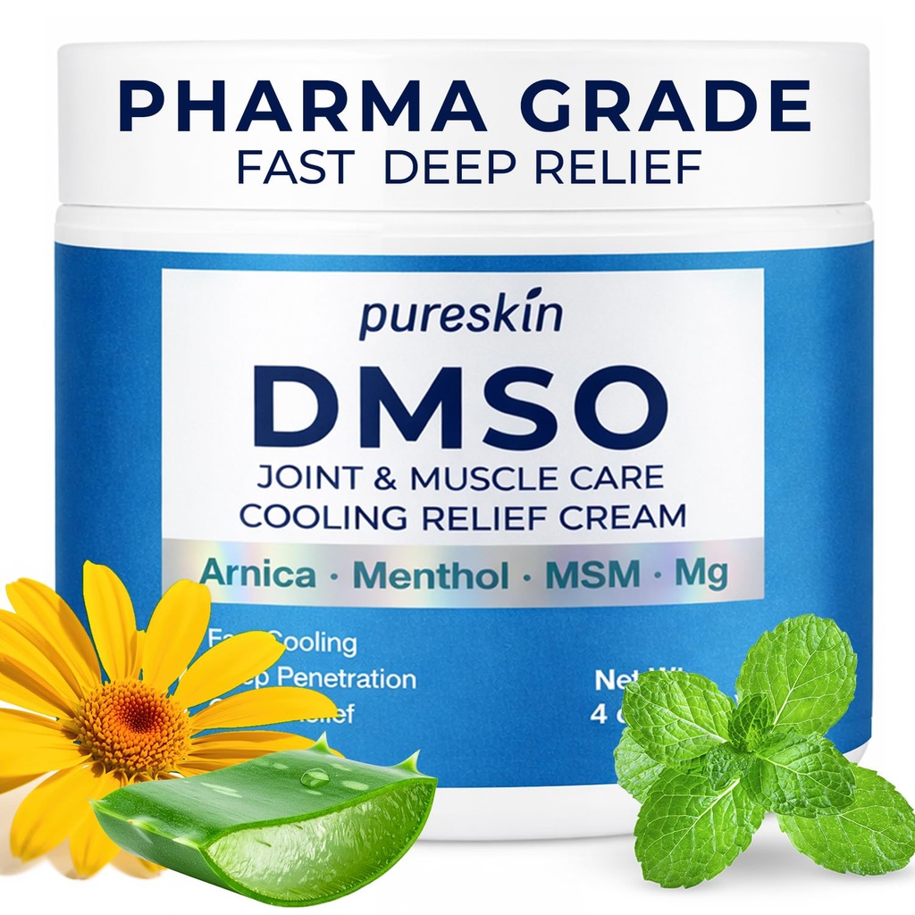 PURESKIN DMSO Relief Cream – Pharmaceutical Grade Fast-Absorbing Cooling Formula for Active Lifestyles – Lightweight Cream with Arnica, MSM, Magnesium, Menthol & Aloe, 4 oz
