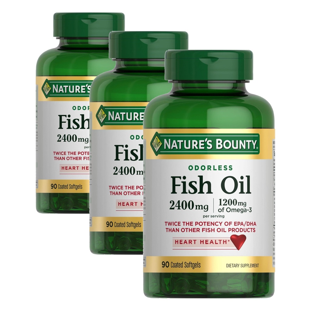 Nature's Bounty Odorless Fish Oil, 1200mg Omega-3 per Serving including EPA & DHA, podporuje zdravie srdca, očistené na odstránenie ortuti,Coated Softgels,Gluten Free,No Shellfish, 90 Count, (Pack of 3)