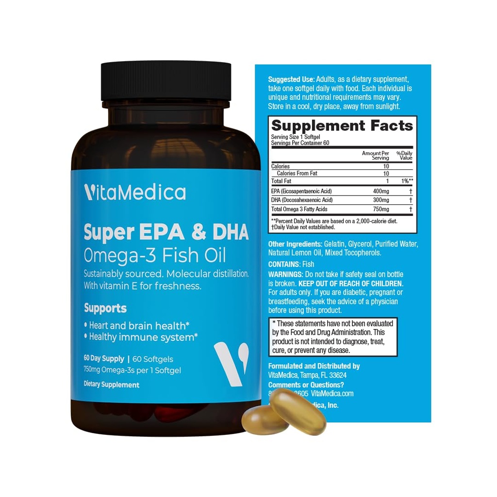 High-Potency, Super EPA/DHA Fish Oil 750mg of Essential Omega-3 Mastné kyseliny 