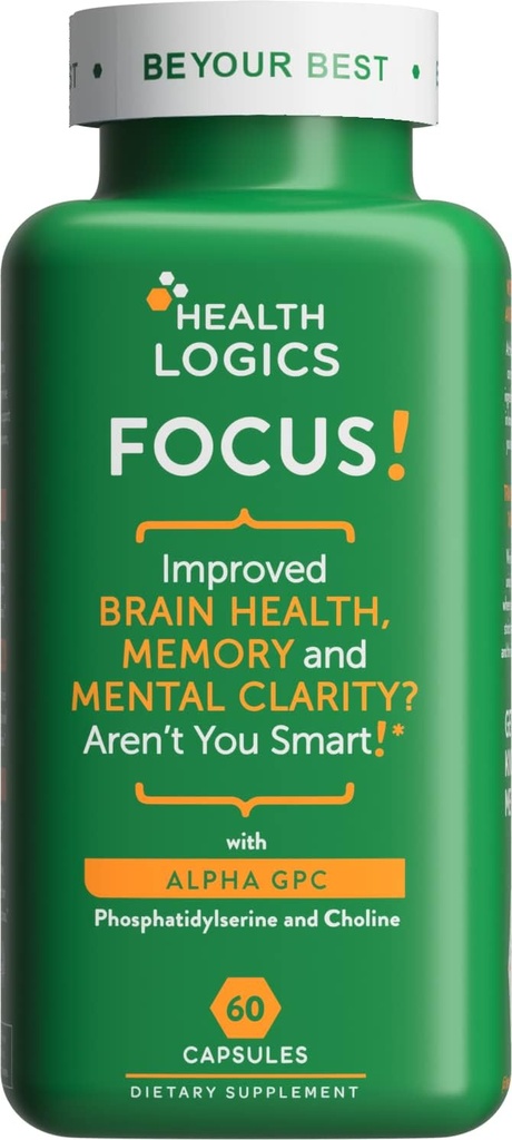 Zdravie Logika Focus! - Mozog doplnok pre pamäť, jasnosť, koncentrácia s Choline, Ginkgo Biloba, Alpha GPC, Fosfatidylserín, Bacopa Monnieri l 60 Kapsule l Non- GMO