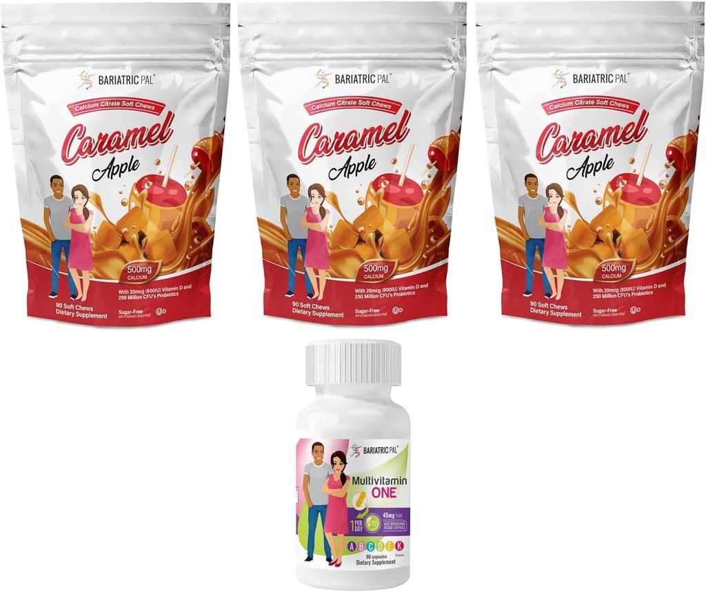 BariatricPal 90-Day Bariatric Vitamin Bundle (Multivitamin ONE 1 per Day! Capsule with 45mg Iron and Calcium Citrate Soft Chews 500mg with Probiotics - Caramel Apple)