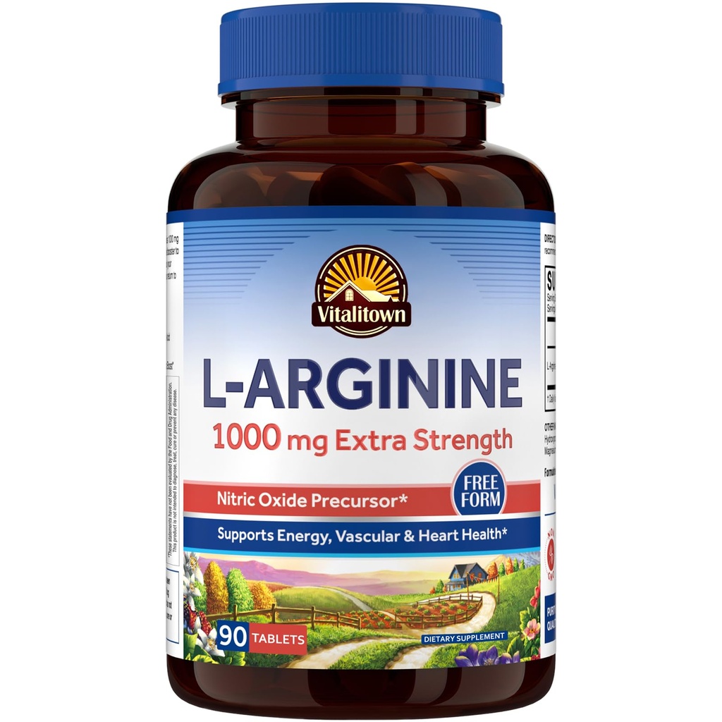 Vitalitown L-arginín pre mužov a ženy, 1000 mg, Posilňovače oxidu dusnatého, žiadne lepidlo, non-GMO, vytrvalosť, cvičenie, podpora prietoku krvi, 90 tabliet