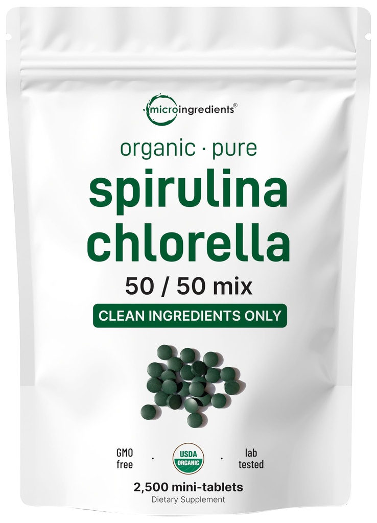 Micro Ingrediencie Organic Spirulina Chlórella Mini Tablety, 2500 Tablety (8 Mesiac dodávky) 
