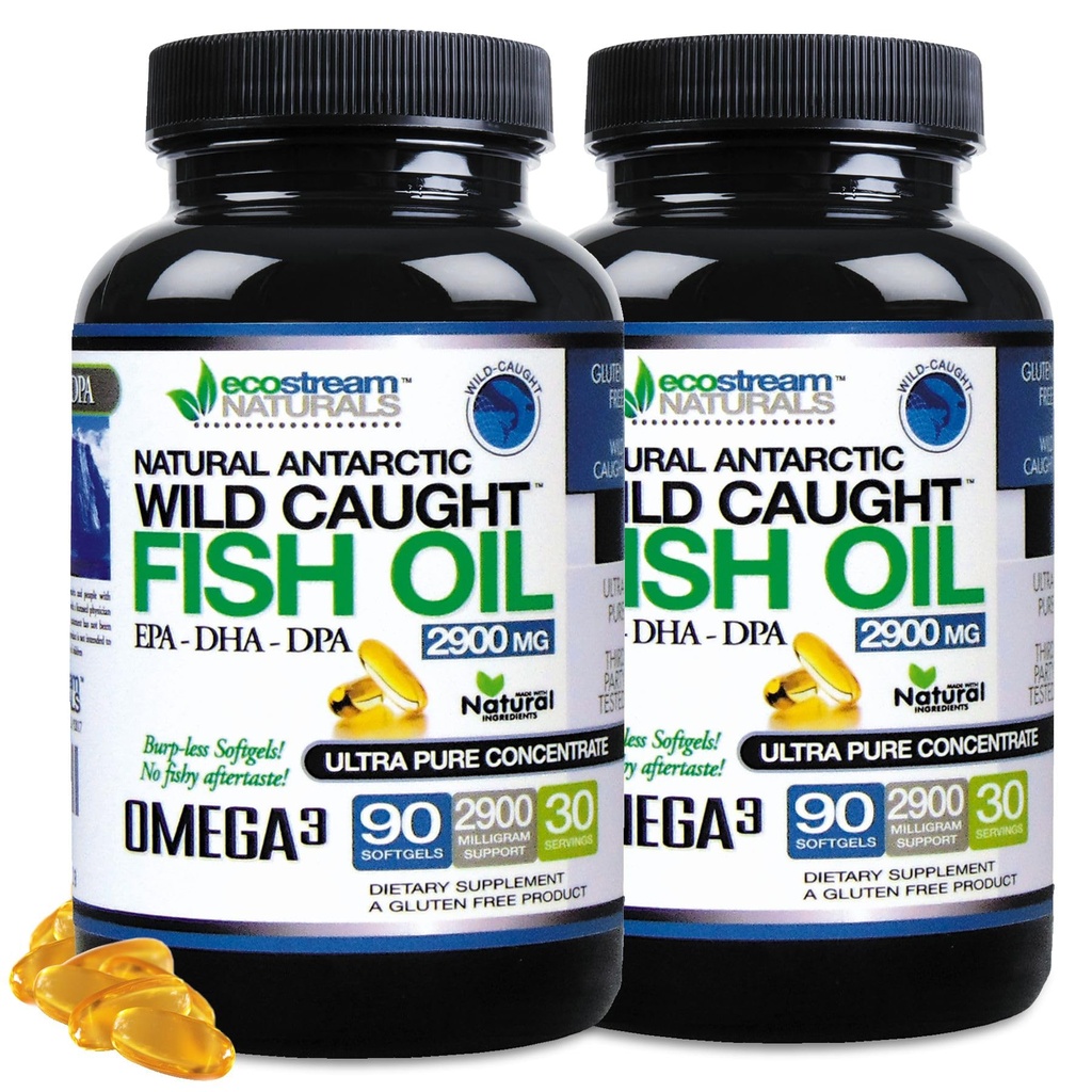 (Pack of 2) Natural Antarktída Wild Caught Omega 3 Fish Oil DPA-EPA-DHA Supplement 2,900 Milligrams Triple Strength Ultra Pure Concentrated SoftGels - No Fish Deasting Burps