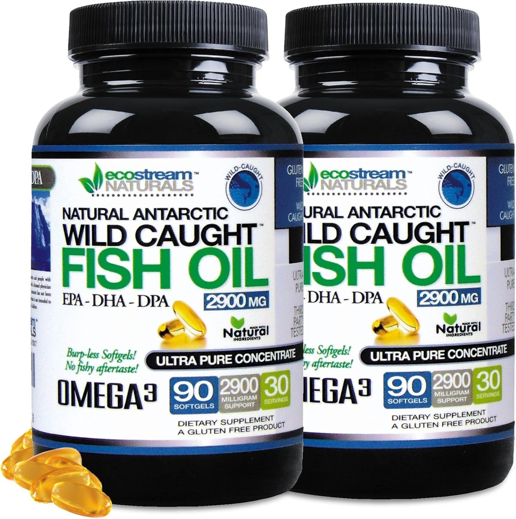 (Pack of 2) Natural Antarktída Wild Caught Omega 3 Fish Oil DPA-EPA-DHA Supplement 2,900 Milligrams Triple Strength Ultra Pure Concentrated SoftGels - No Fish Deasting Burps