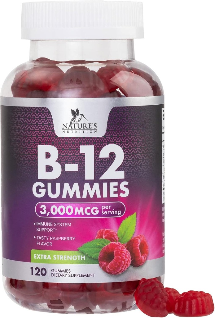 B12 Vitamíny Energia Gumies 3000 mcg - Extra sila B 12 Gumička pre metabolizmus a imunitný systém Podpora - Žuvacia diéta B12 Doplnky pre dospelých a deti Kofeín Bez Gumový vitamín - 120 Gummy