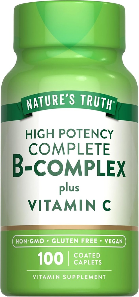 Nature's Truth Vitamin B Complex Plus Vitamin C | 100 Caplets | Vegan, Non-GMO & Gluten Free Supplement