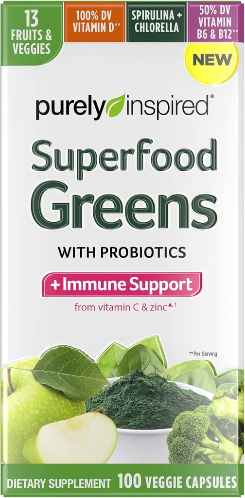 Purely Inspired Greens Superfood Kapsule Superfood Zelené Kapsule Vitamín C a zinok na Imunitnú podporu + Vitamín D 13 Ovocie a zelenina 100 Veggie Kapsule