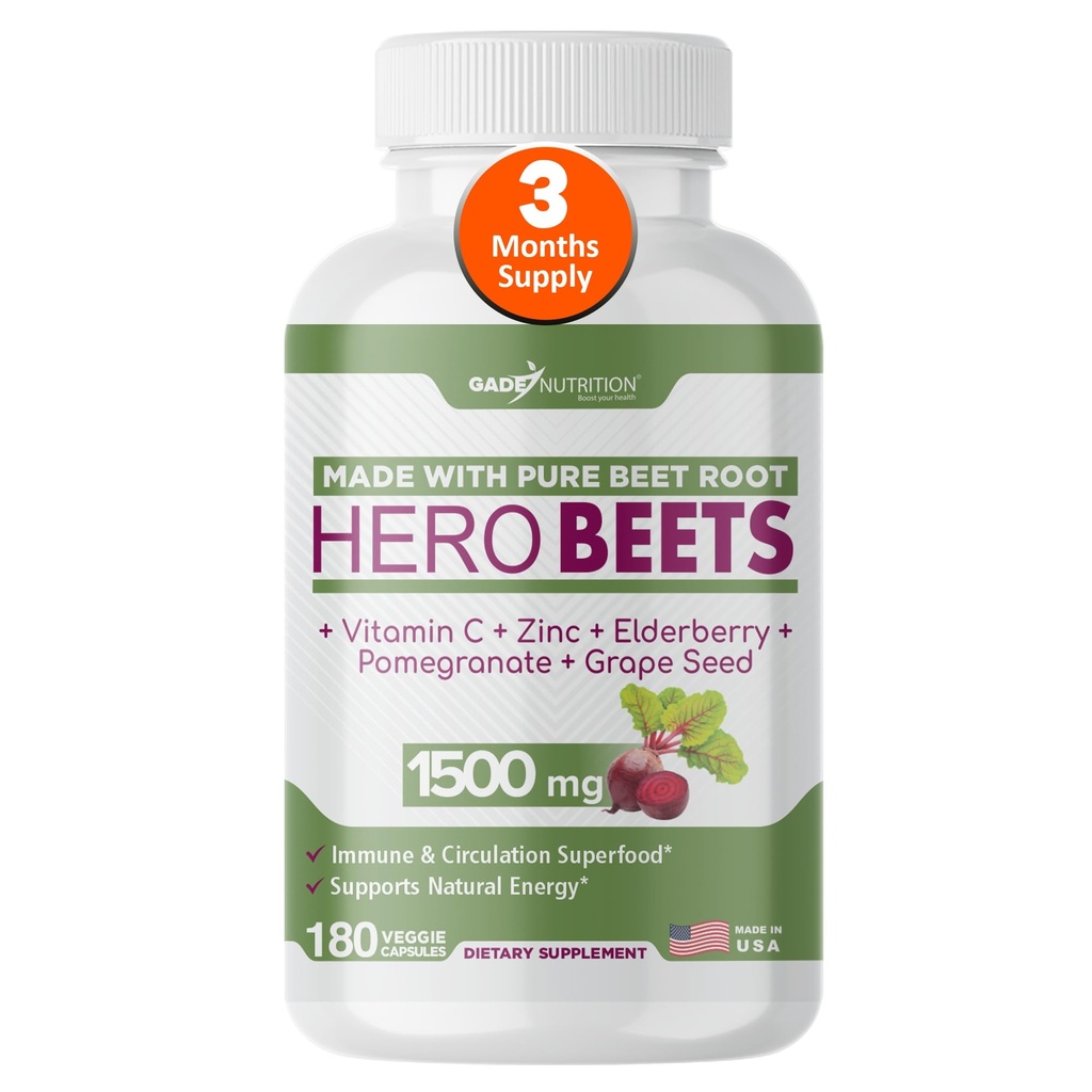 Gade Nutrition Hero Repy - Repa Root Kapsule 1500mg - Organická repa Root prášok + Vitamín C Zinok, bazy, granátové jablko, Hroznové semená extrakt - 3 mesiace dodávky