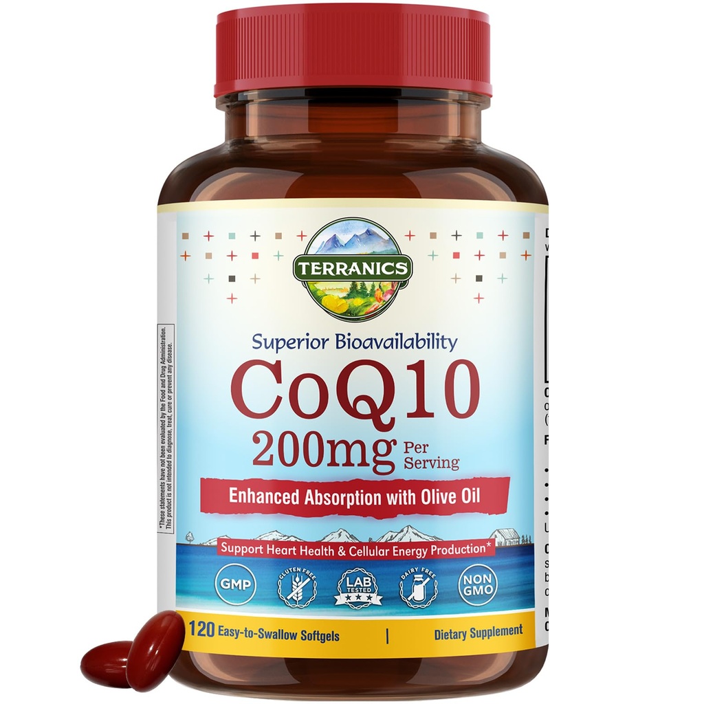 Terranics CoQ10 200mg, Koenzým Q10 Supplement with Extra Virgin Olive Oil for Enhanced Absorbtion, Made in USA, podporuje zdravie srdca, Antioxidant ochrana, Výroba energie, Non-GMO, 120 Softgels