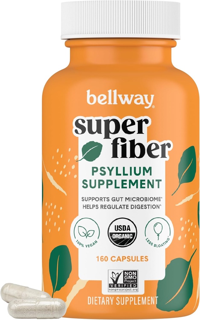 Bellway Super Fiber Kapsule - USDA Organic Psyllium Husk Kapsule - Denné Psyllium Husk Fiber Supplement od Tráviace zdravie a pravidelnosť - Plant Based, Non-GMO, Kosher - 160 Kapsule