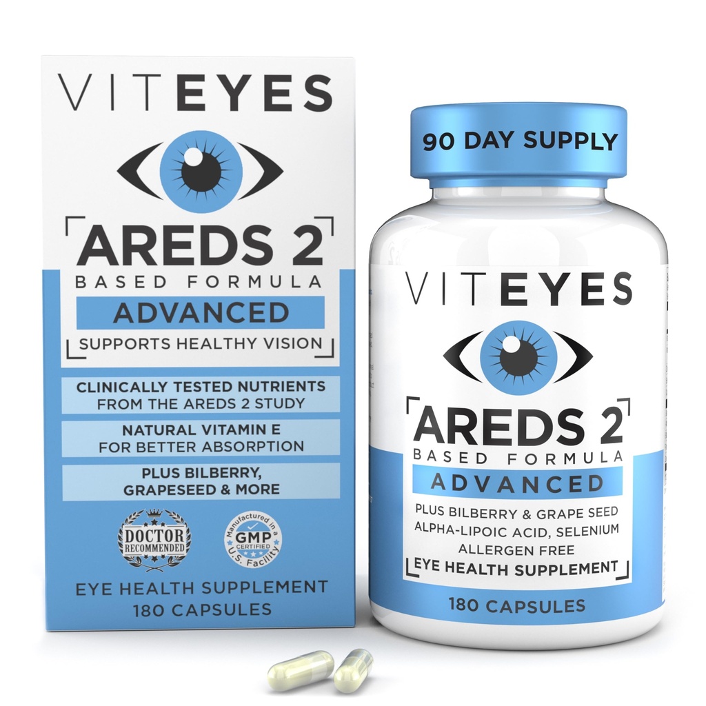 Viteyes AREDS 2 Advanced Eye Vitamíny, Macular Podpora s čučoriedkami, hroznových semien, FLORAGLO lutein, selén, prírodný vitamín E, Allergen Free, Vision Protection, Očné lekár dôveryhodný, 180 Počet