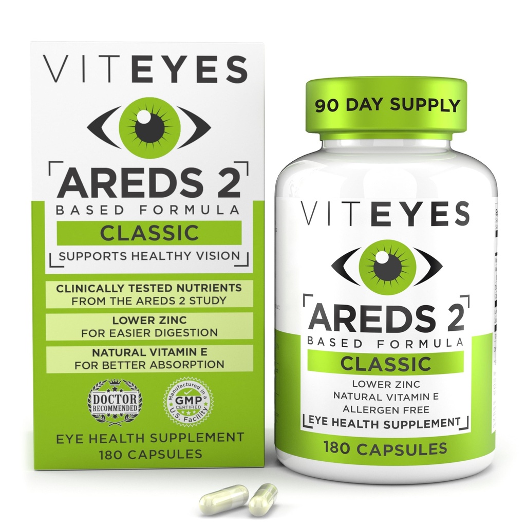Viteyes AREDS 2 Očné vitamíny, Classic Macular Support, Allergen Free Capsules, s prírodným vitamínom E, vitamín C, zinok, meď, luteín a zeaxantín, očný lekár dôveryhodný, vyrobené v USA, 180 Ct