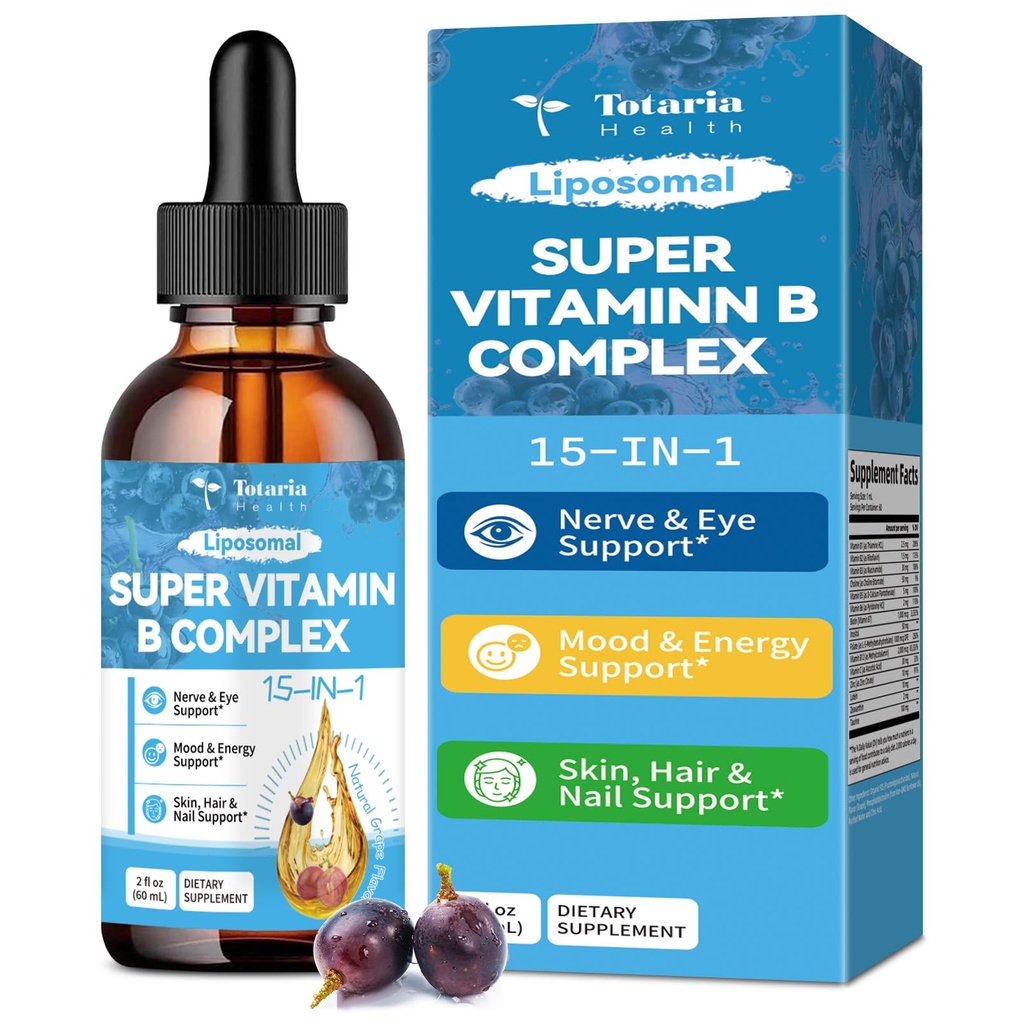 15-in-1 Lipozomálny komplex vitamínu B Pro, B komplex bez cukru kvapky s B1, B2, B3 Niacínamid, Choline, B5, B6, B7 Biotin, Inozitol, Folát, B12, Zinok, luteín, Zeaxantín, Taurín a Vit. C, 2 fl oz