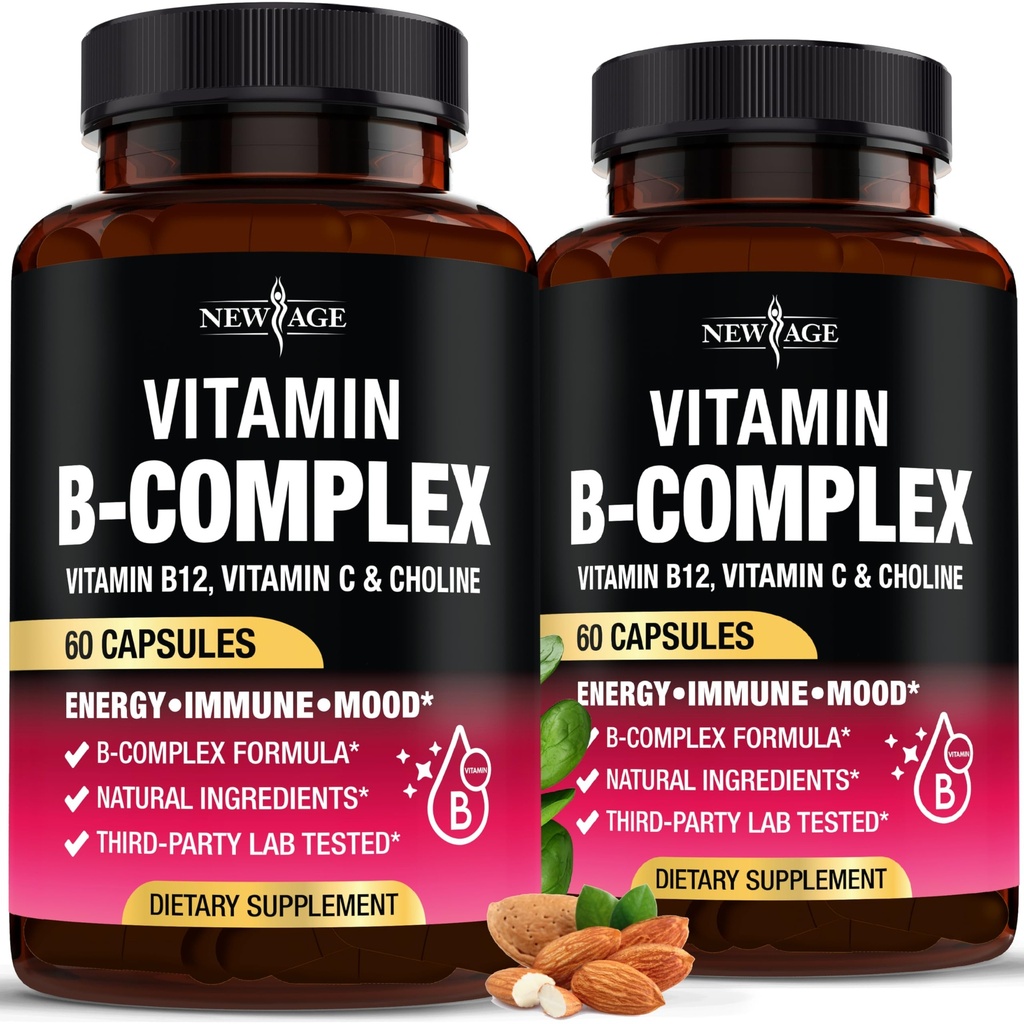 Vitamín B komplex pre mužov a ženy - vyrobený v USA - B-komplex: B1, B2, B3, B6, B7, B8, B9, B12 s vitamínom C, cholín, Inozitol - Energy, Brain & Heart Suplement - 120 Vegánskych kapsúl