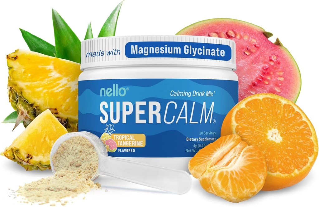 Nello Supercalm Powdered Drink Mix, Tropical Tangerine, L Theanine, Ksm-66 Ashwagandha, Magnézium Glycinate, Vitamín D 3, Doplnky pre relaxáciu a zaostrenie, Natural, Non Sugar, Non GMO, 30 Srvg