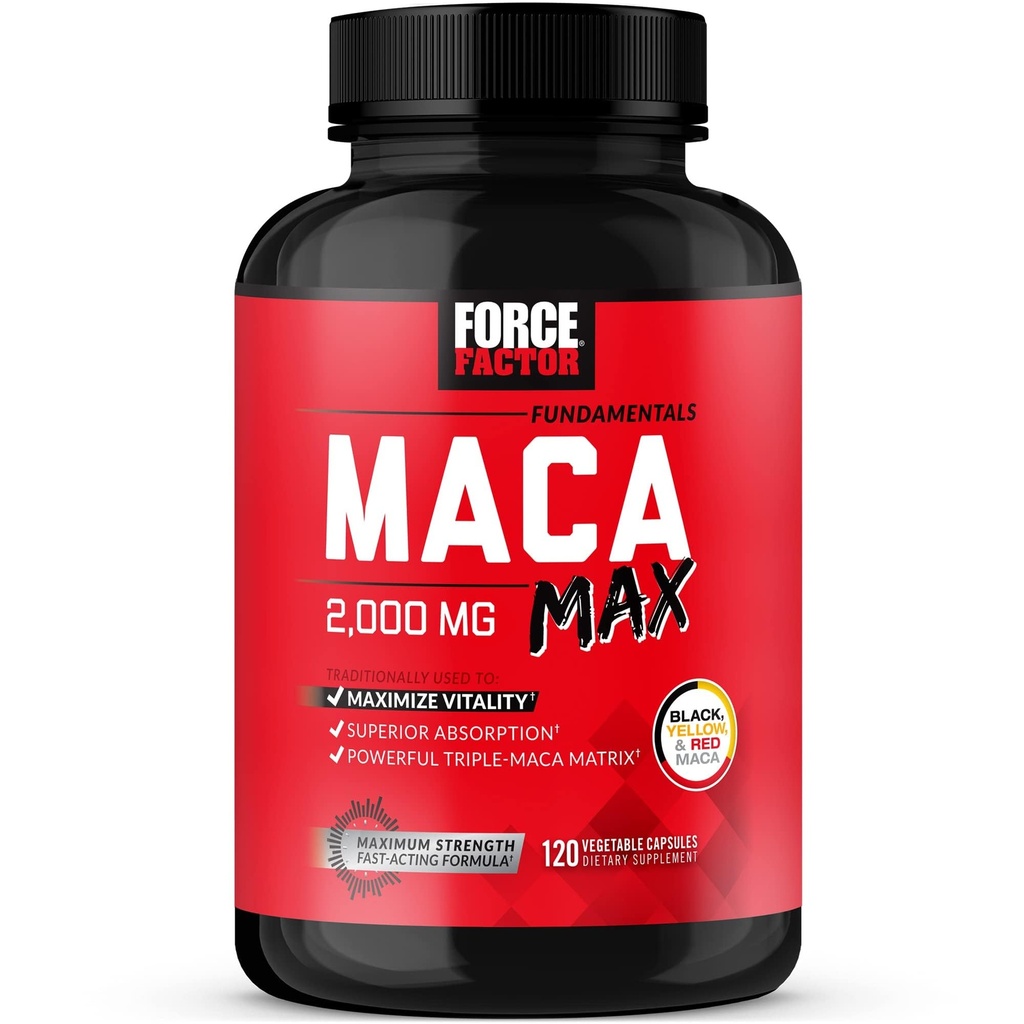 Force Factor Maca Max, Maca Root Capsules to Maximize Vitality & Performance, Made with Black Maca, Red Maca, & Yellow Maca Powder, Maca Root Powder, 2000 mg, 120 Kapsule