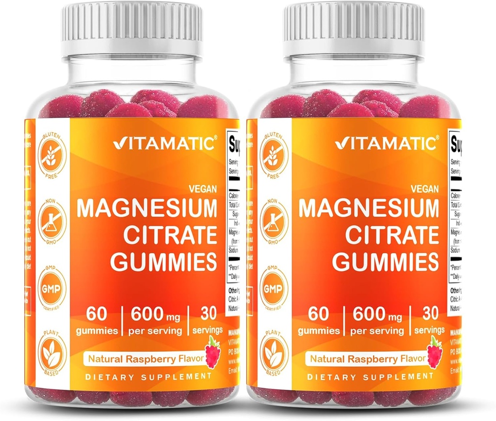 Vitamatic Magnesium Citrate Gummies 600mg per Serving - 60 Count - Promotes Healthy Relaxation, Muscle, Bone, & Energy Support (Pack of 2)