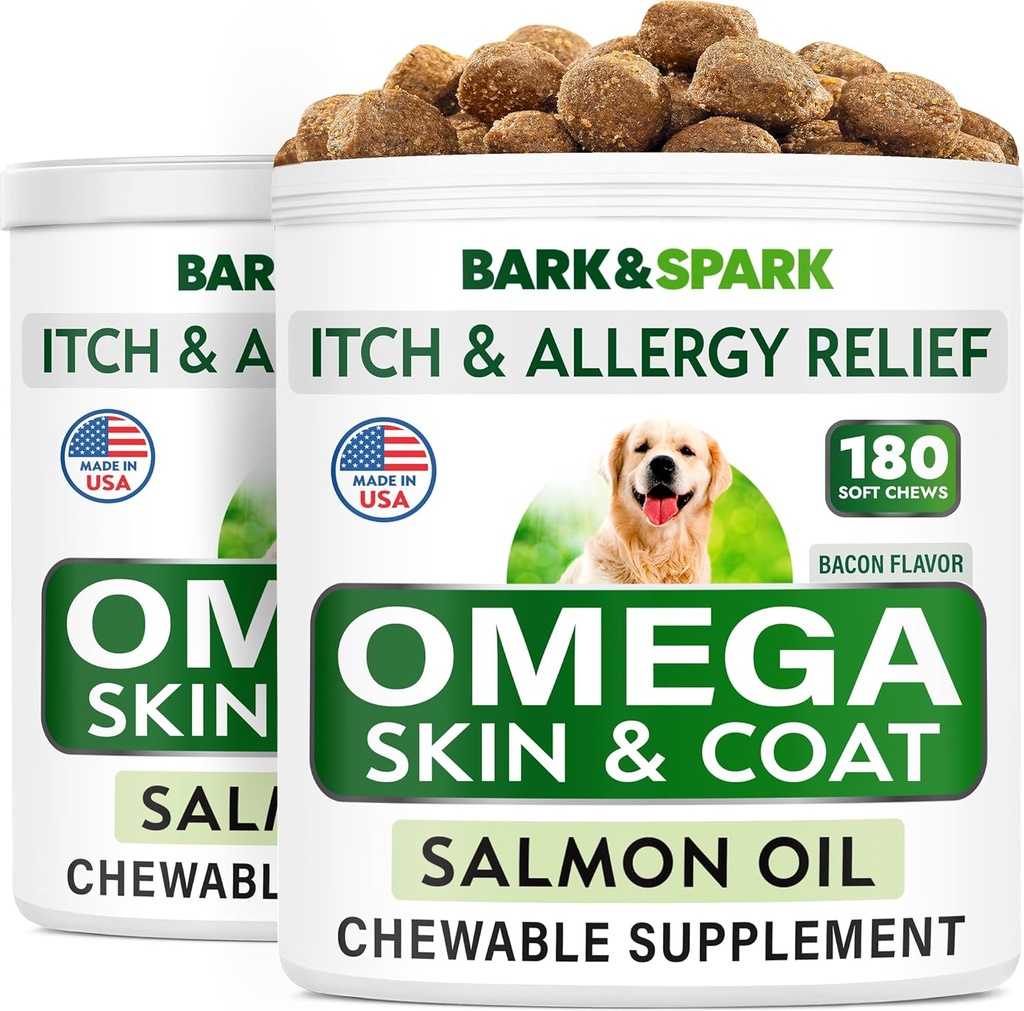 BARK&SPARK Omega 3 pre psy - 360 Fish Oil Treats for Pes Shedding, Kožné alergie, Svrbenie Relief, Hot Spots Liečba - Spoločné zdravie - Skin and Coat Supplement - EPA & DHA Mastné kyseliny - Salmon Oil - Bacon