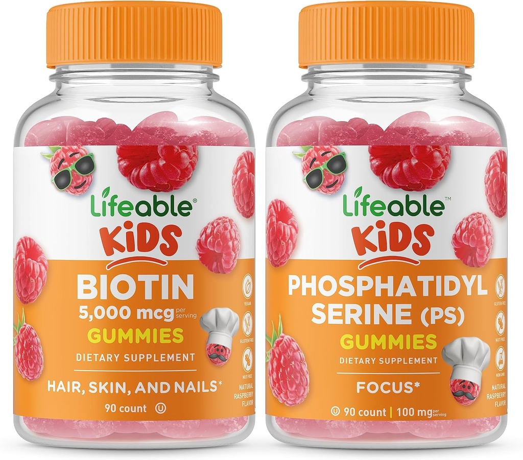 Životaschopné Biotin Kids + Fosfatidylserín (PS) Deti, Gummies Bundle - veľké ochutnávky, vitamínové doplnky, bez lepku, bez GMO, Žuvacia Gummy