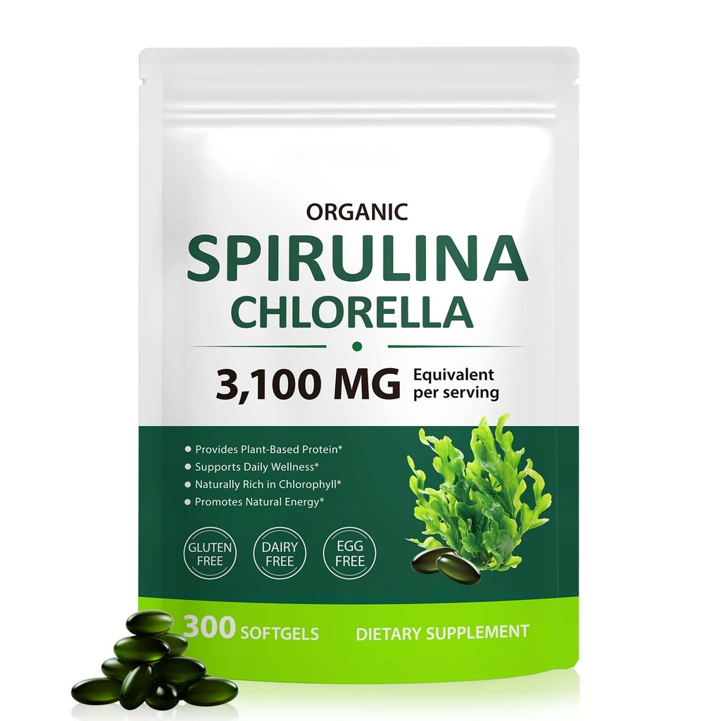 Tiuedu Spirulina Chlorella Softgels 300 Kapsule, 17 in 1 Green Nutrient Blend Spirulina Chlorella Softgels, Rich in Plant Protein, Vitamíny, Chlorofyly, Easy to Take Softgel