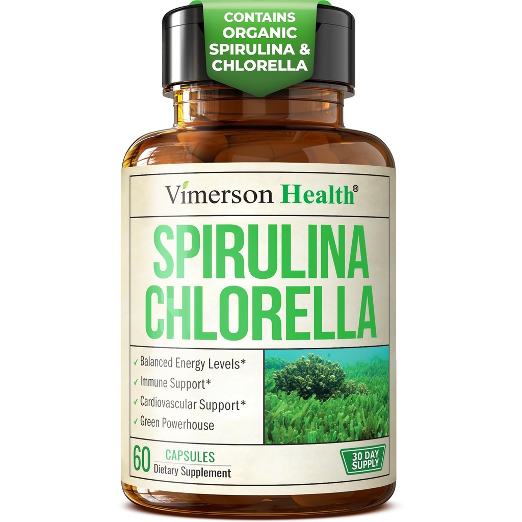 Organické kapsuly Spirulina a Chlórella - kapsuly Spirulina s Chlórella Powder od Immune, Antioxidant a Energetická podpora. Výživný Super Green. Skúšaná tretia strana. 60 Caps