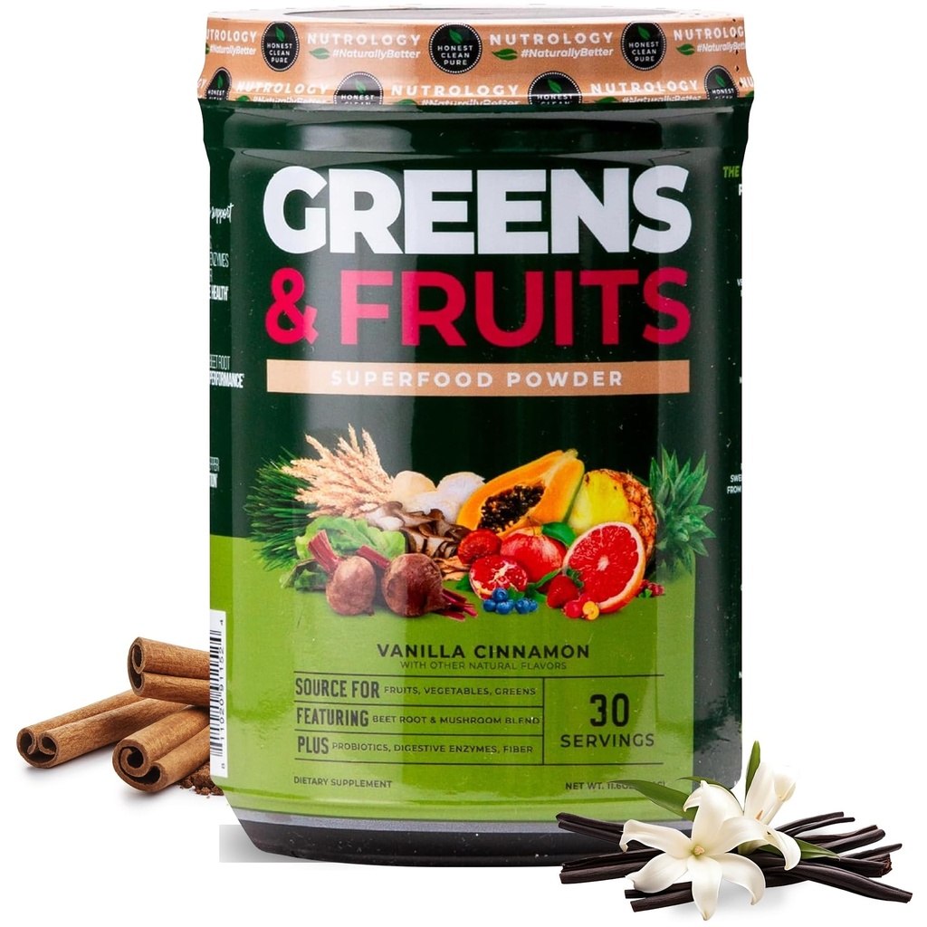 Nutrology Greens & Fruits Powder-prirodzene Zdroj Superfood, Beet Powder, Huba Blend, Probiotiká, Tráviace enzýmy, Fiber, Antioxidanty, Immune Support, Gluten Free - Vanilla škorica