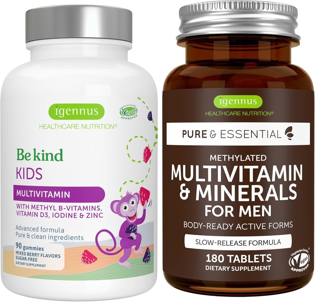 Methylated Kids Multivitamin Gummy + Methylated Men's Multivitamin Bundle, MTHFR Supplements with Active B-Vitamins, Clean Label, by Igennus