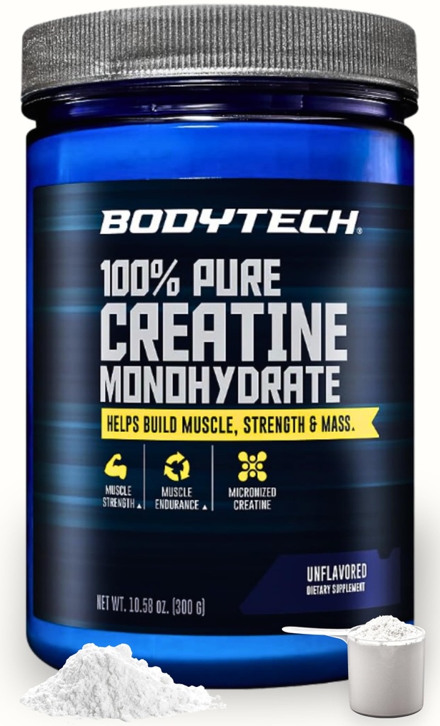 Powder BodyTech Creatine Monohydrate, Unflavred Micronized Creatin Formule for Men and Women, 5g per Serving, Pre Cvičenie a Post Cvičenie Supplement, Gluten Free, Sugar Free, 10.58 Oz, 60 Servings