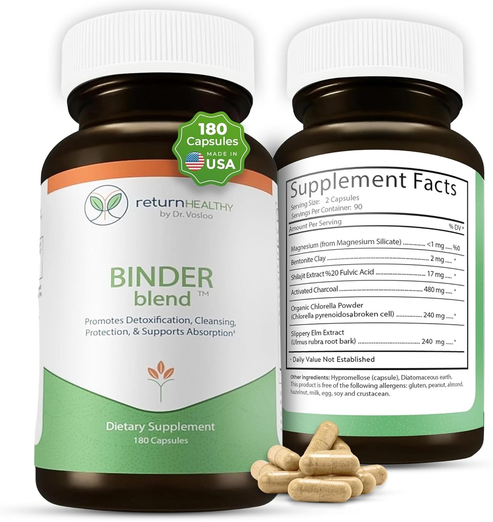 Binder Blend - Toxin Binder Supplement, Detox Kapsule od Healthy Gut - 180 Kapsule - 90 Servings - 960mg Activated Charcoal & 480mg Organic Chlorella - Bloating Relief - Bentonit Clay