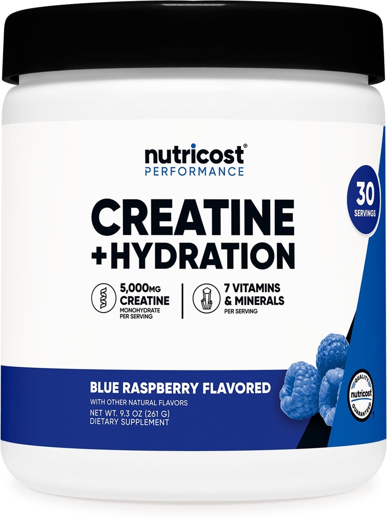 Nutricost Kreatín Monohydrát + Hydratácia Modrá Malina Ochutené (30 Servings) - 7 Vitamíny a minerály, 5000 mg Kreatín na obsluhu