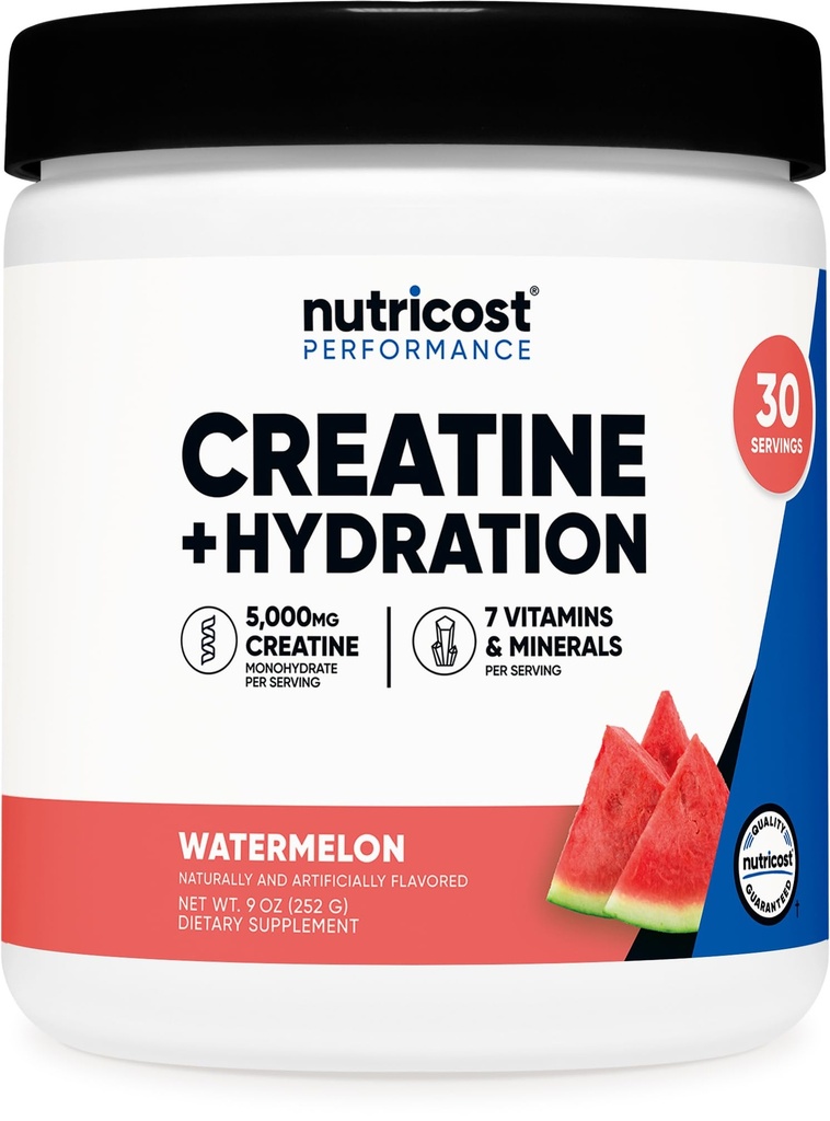 Nutricost Kreatín Monohydrát + Hydratácia Vodový melón Ochutený (30 Servings) - 7 Vitamíny a minerály, 5000 mg kreatinínu na obsluhu