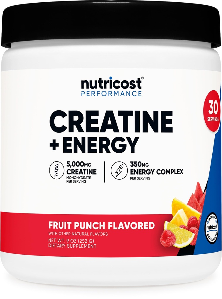 Nutricost Creatin + Energy 30 Servisné služby (Ovocná Punch ochutená) - 5,000mg Kreatín monohydrát + 350mg energetický komplex na obsluhu