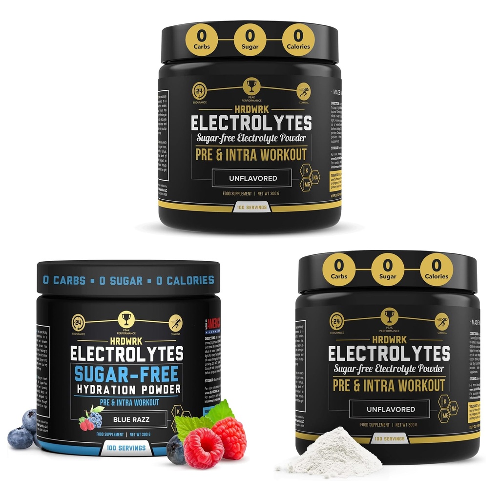 HRDWRK - 100 porcií Keto Electrolytes prášok Hydratácia bez cukru - Electrolyte prášok na zvýšenie vytrvalosti a zníženie únavy s elektrolytov doplnok (nechutná sada 2 & Blue Razz)
