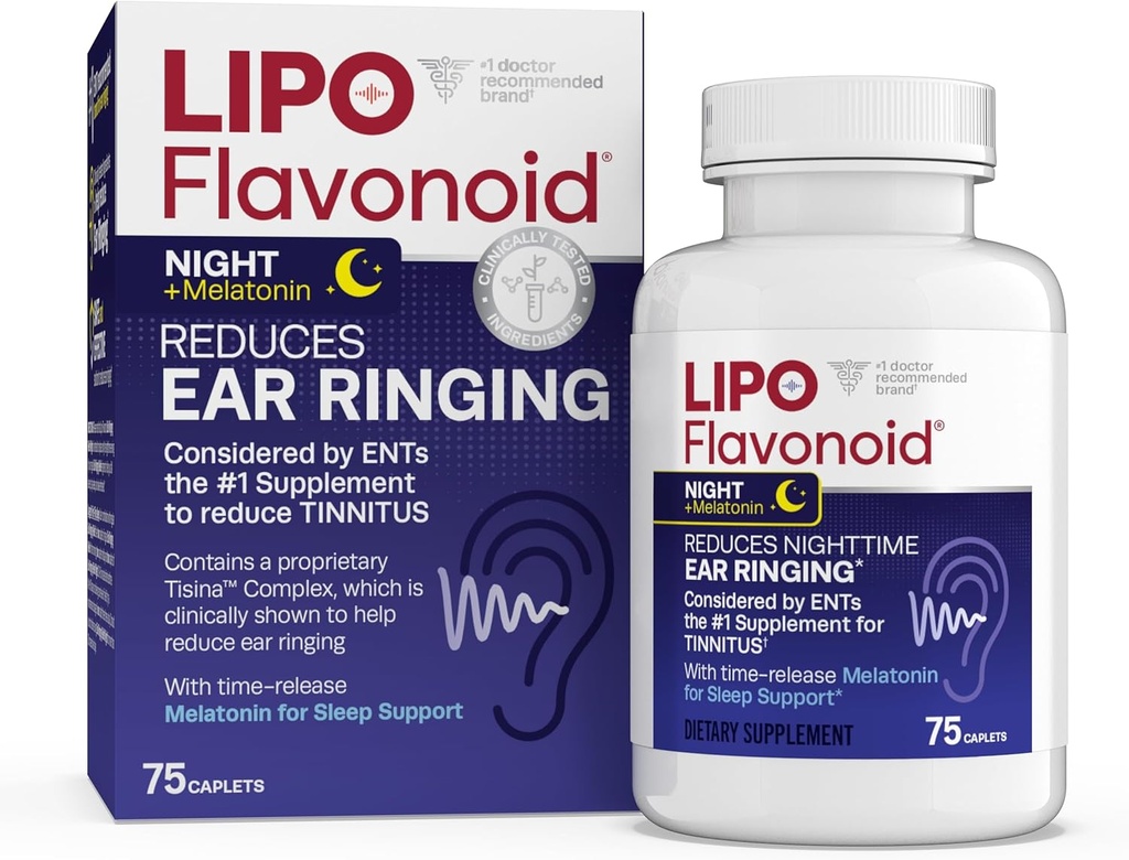 Lipo-Flavonoid Nighttime PM for Tinnitus Relief - Spánková pomoc s Melatonínom, Bioflavonoidy, & Vitamín C - zvonenie v ušiach, zdravie ucha, a relaxácia - Použitie s Lipo-Flavonoid Plus - 75 Caplets