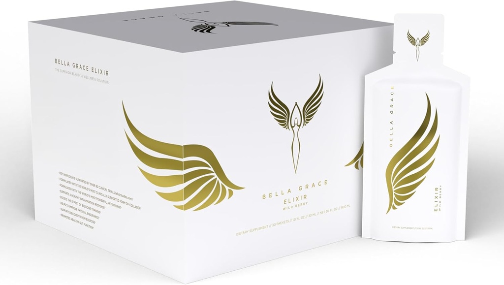 Bella Grace Elixir Collagen Peptidy Doplnok pre starostlivosť o pleť a zdravie s Verisol Collagen, AstaReal Astaxant, a mačka Claw, podporuje Collagen Regeneration, Antioxidant Protection, 30 Servis