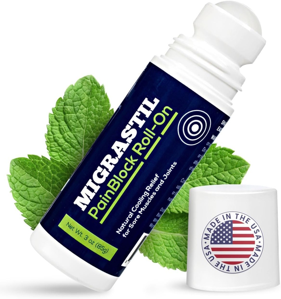 Basic Vigor Migrastil PainBlock Roll-On, 3 oz - Topical Roll-On pre svalové bolesti, Kŕče, Joint & Nerve Discomfort. Funguje skvele na pleciach, krk, nohy, kolená, nohy, chrbát, lakte, HIPS, Etc.