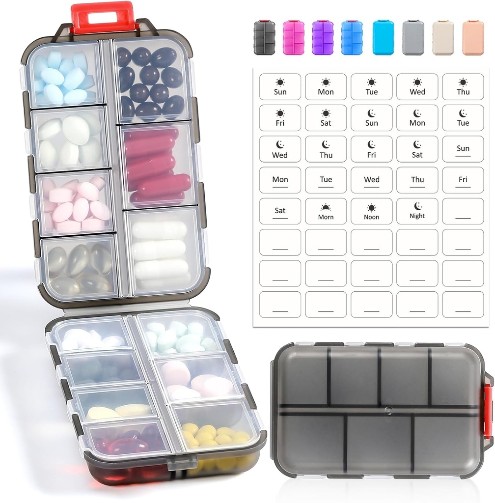 14 GRIDS Travel Pill Organizátor box s labels - Travel Medicine prípad Kit - Pocket Daily Pharmacy Container - Travel Medical Holder Dispenser for Fish Oil Vitamín Supplement Storage - Clear Gray