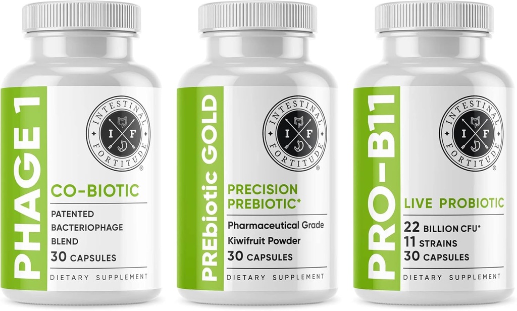 Intestinálna Fortitude Gut Health Supplement Bundle - PREbiotické zlato, PRO-B11, Phage 1 - w/Gold Kiwifruit pektín, SCFA, a 22 miliárd CFU pre Microbome Support, Gluten, Soy, & Dairy-Free Kapsule