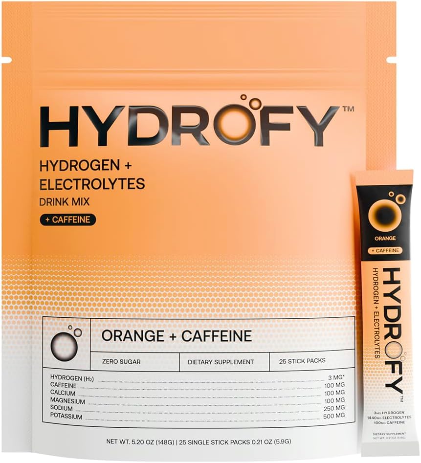 Hydrofy Hydrogen Water + Electrolytes Drink Mix | H2 Hydration Packets with Molecular Hydrogen, Sodium, Potassium, Magnesium, Calcium, and Minerals | No Sugar | Orange + Caffeine 25 ct