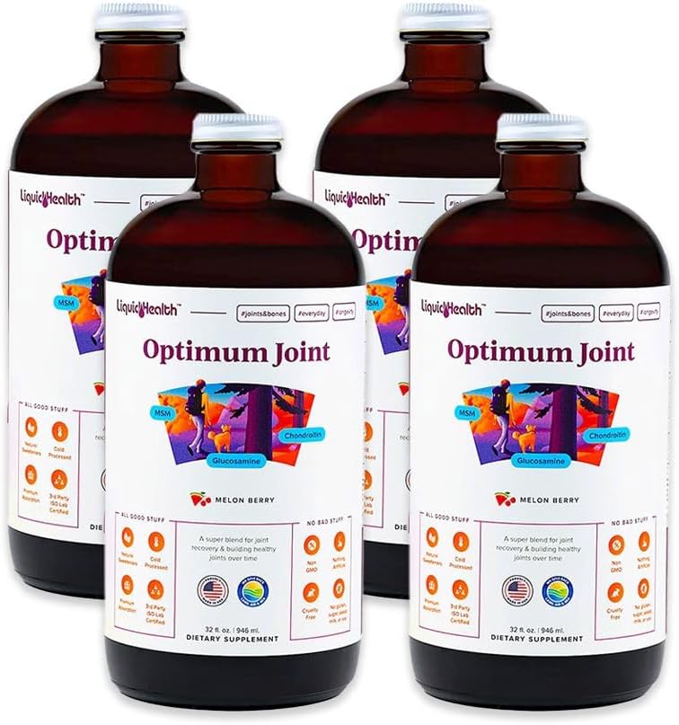 LIKVIDNÁ HEALTH Optimum Podpora kĺbu Tekutý multivitamín s glukozamínom, chondroitín, MSM, kyselina hyalurónová - Zvýšenie mobility, Joint Comfort, pre bežcov a športovcov - Vyrobené v USA, Vegan (4 balenia)