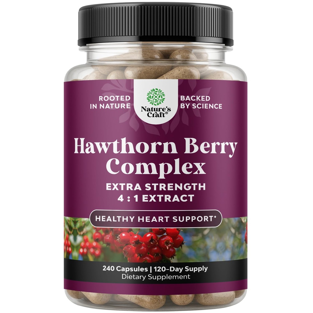 Vysoká sila Hawthorn Berry Kapsule - Pure Antioxidant Hawthorn Berry Supplement with Leaf & Flower Extract 4:1 pre Zdravé srdce a zažívanie - Energetická podpora pre mužov a ženy - 240 Počet balení