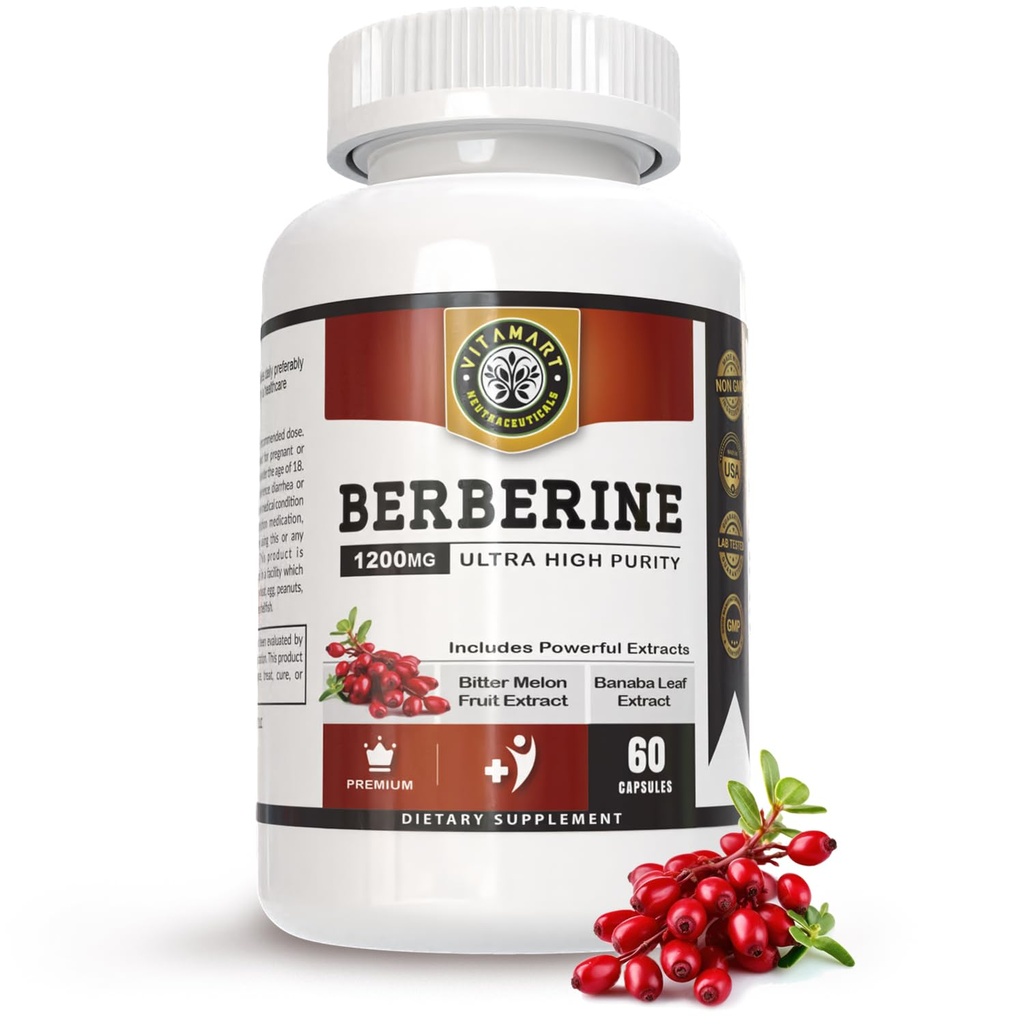 Berberine HCL 1200mg Premium, Ultra vysoká čistota, Pure 60 Kapsule - Berberine Supplement, Supports Immune System, Berberine Plus Enhanced with Bitter Melon Fruit & Banaba Leaf Extract