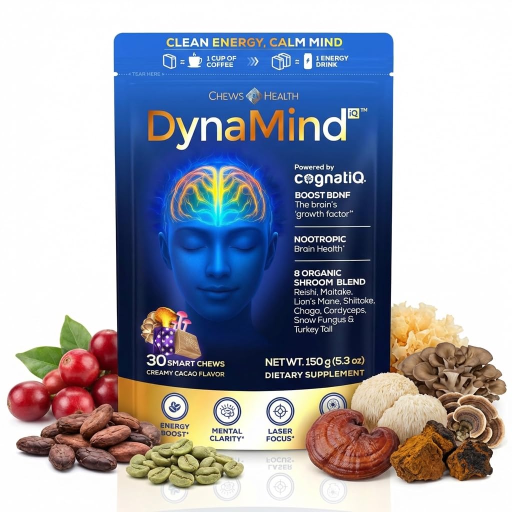 DynaMind iQ Brain Supplement for Memory and Focus for Adults - Nootropic Chews | Coffee Fruit & Mushroom Supplement Blend, Memory Focus Supplement, Caffeine Focus Pills Alternative, 30 Count