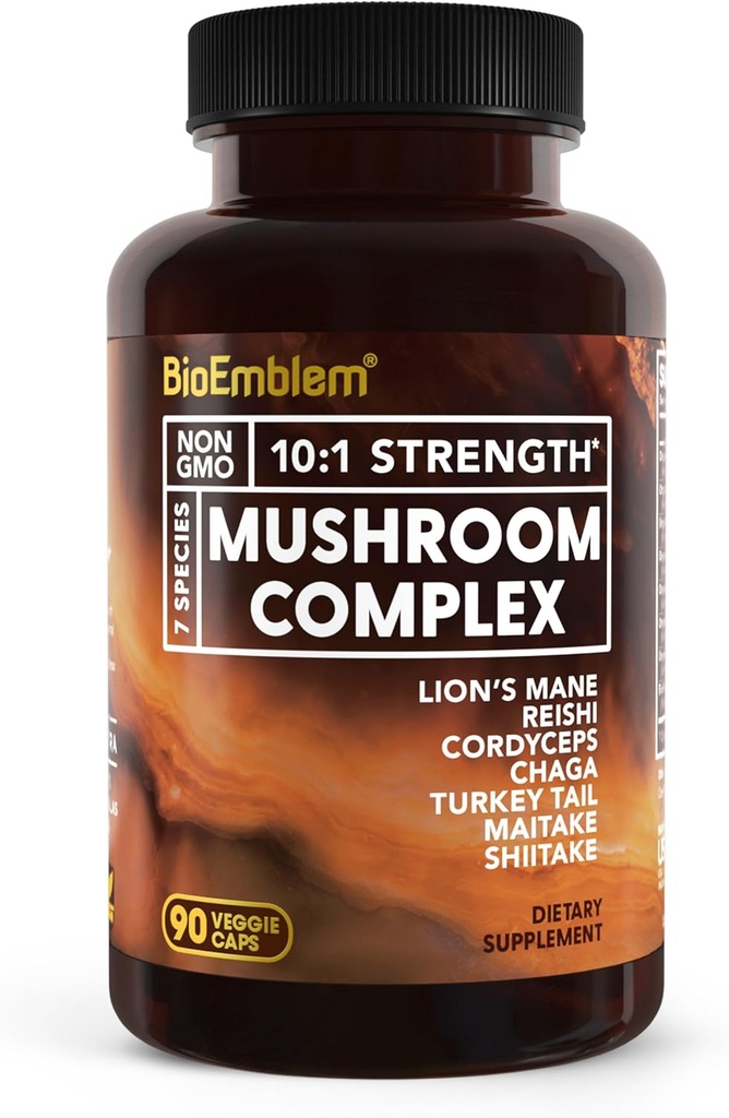 BioEmblem Mušroom Complex - 10:1 Sila a 7 druhov - Lions Mane, Reishi, Cordyceps, Chaga, Maitake, Shiitake Mušroom Supplement - Imunity, Energy & Focus, Mozog - Non-GMO, Vegan - 90 Caps
