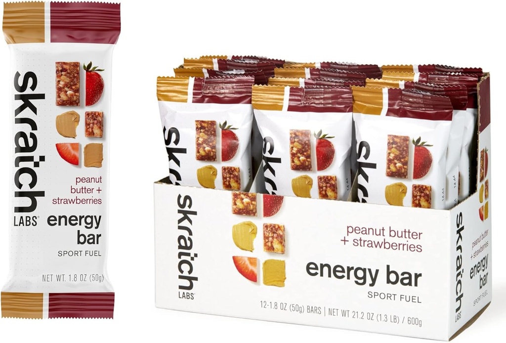 SKRATCH LABS Energy Bar | Peanut Butter + Strawberries (12 pack) | Plant Based Healthy Snack | Low Sugar - 5g Protein | non-gmo, gluten free, soy free, vegan, kosher