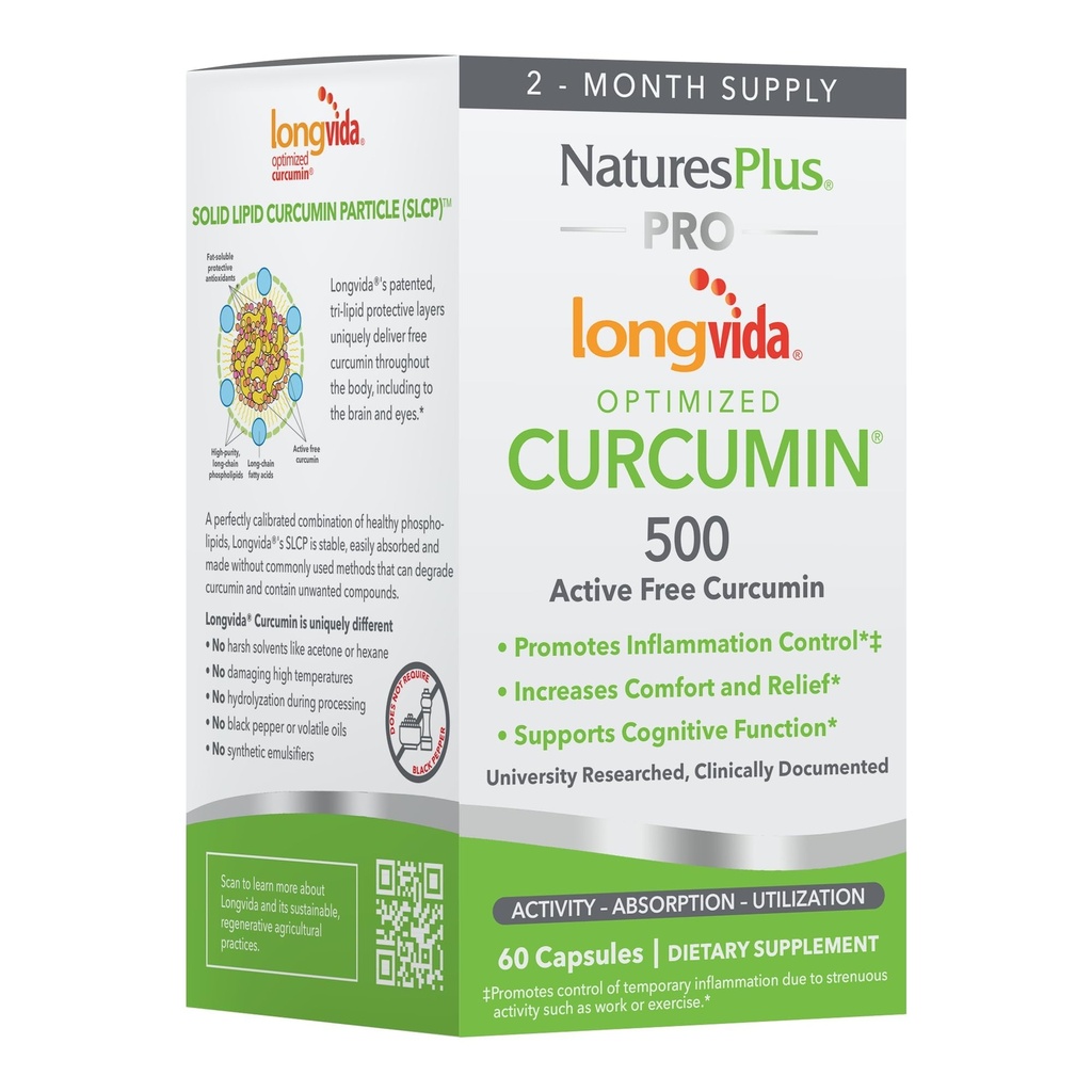 NaturesPlus PRO Longvida Curcumin 500 mg - 60 Kapsule - Podporuje zdravú bezplatnú radikálnu ochranu - non-GMO, Vegan & Gluten Free - 60 Servisov