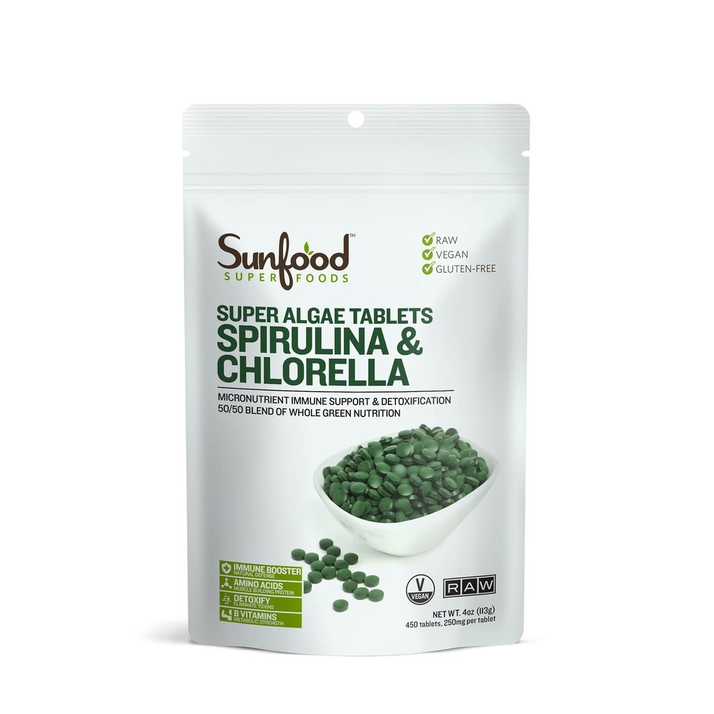 Sunfood Superfoods Chlórella Spirulina Tablety - Spirulina a Chlorella Green Algae Tablety pre ženy a mužov, Zdroj chlorofylu, B vitamíny a proteíny, Zlomková bunková stena, Vegan - 4 oz Bag