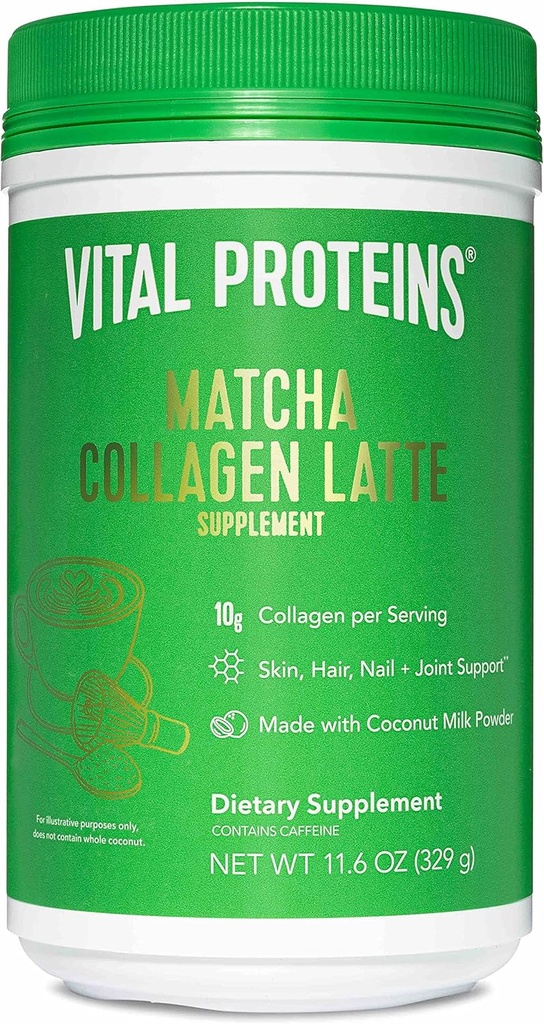 Vital Proteins Matcha Lattes, Matcha Green Tea Collagen Latte Powder, L-Theanine & Caffeine & MCTs - Podpora zdravé vlasy, koža, nechty - Original